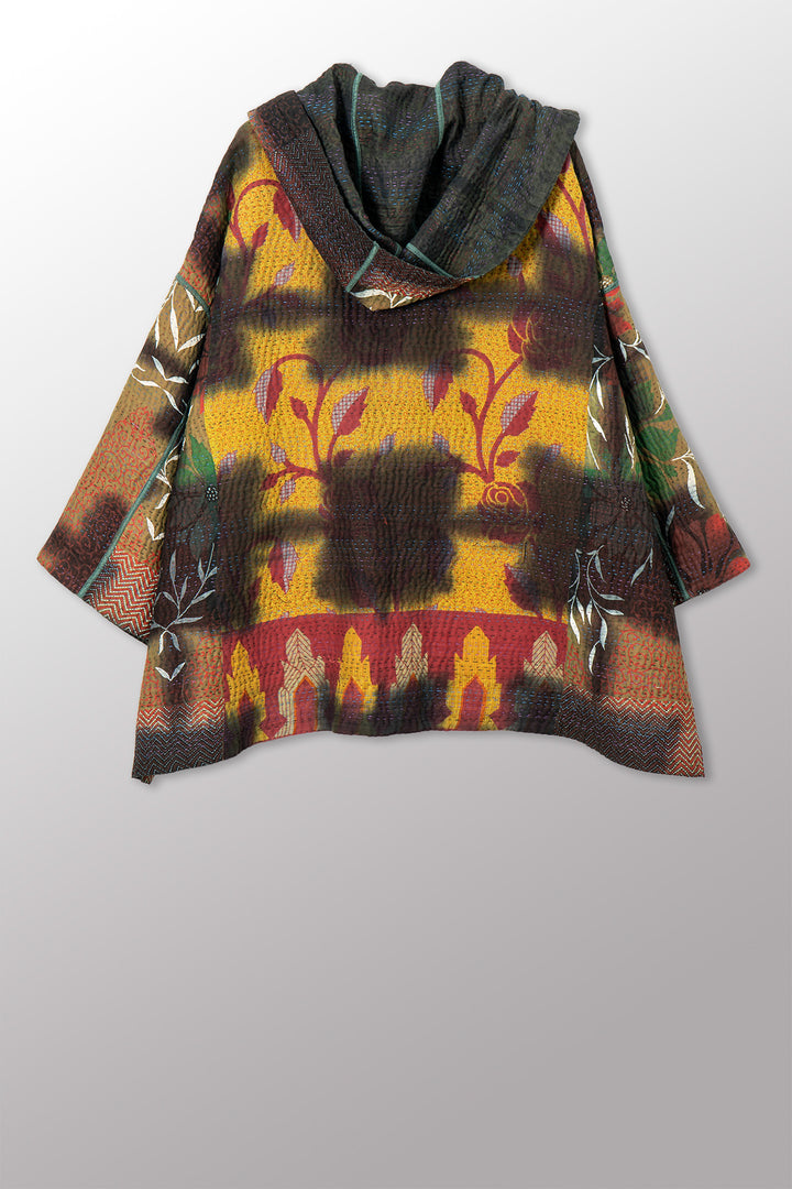 VINTAGE COTTON GREY CLAMP TIE DYE KANTHA HOODIE PONCHO - su4064-0002a -
