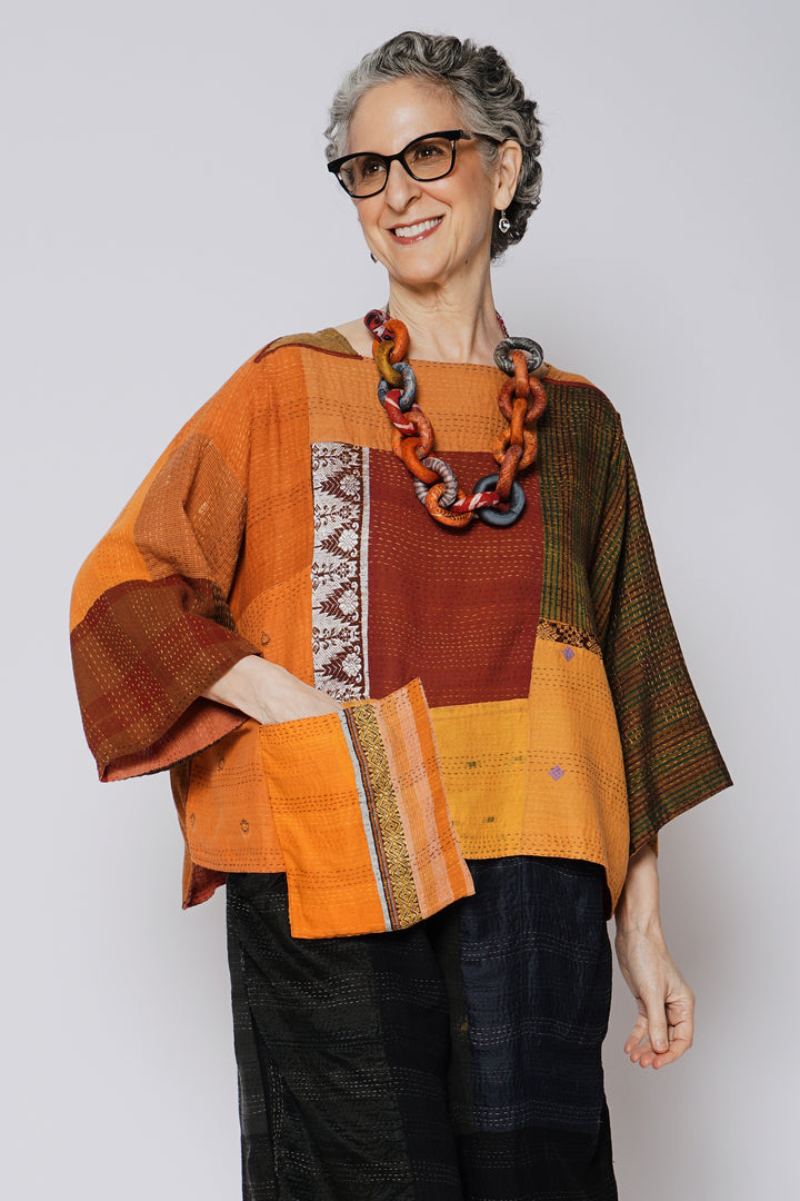 BROCADE PATCHED KANTHA 3/4 SLV. CROP TOP MIO - bp2538-org -