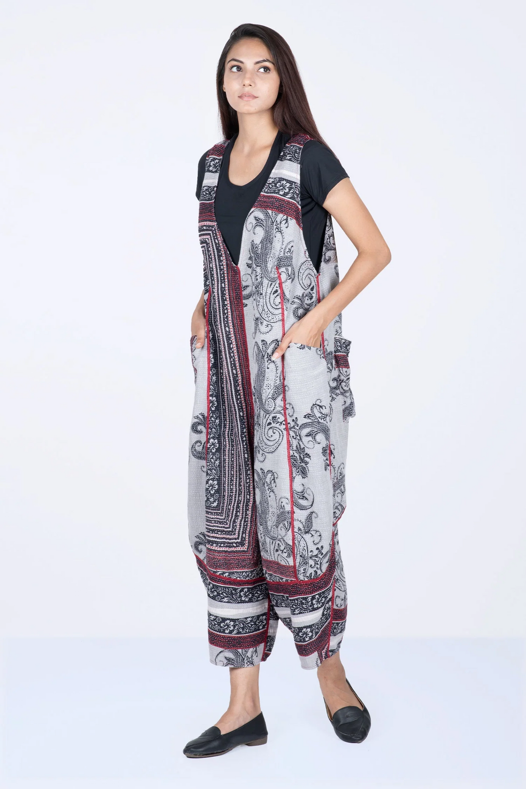 COTTON PAISLEY KANTHA V-NECK JUMPER - cp2622-wht -