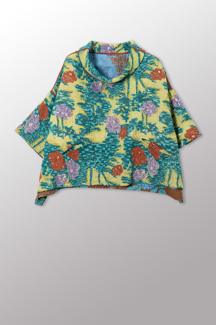 VINTAGE SILK GEORGETTE COTTON KANTHA COWL NECK PONCHO - gc4061-0001a -
