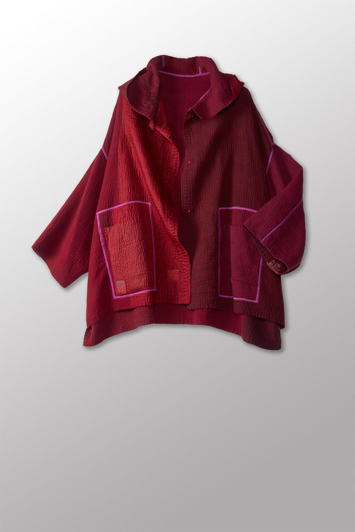 JAIPUR PATCH KANTHA HOODIE PONCHO - jp4064-red -