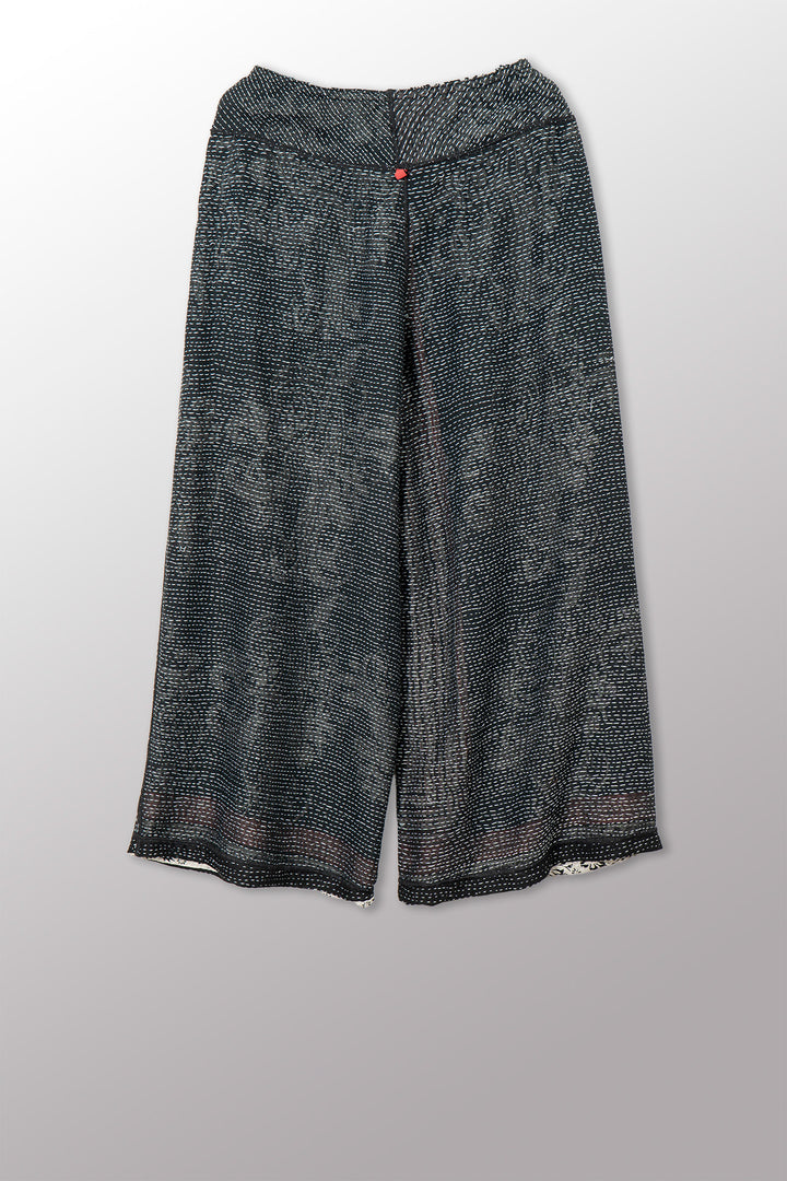 COTTON PAISLEY KANTHA MID RISE WIDE LEG PANTS - cp2665-blk -