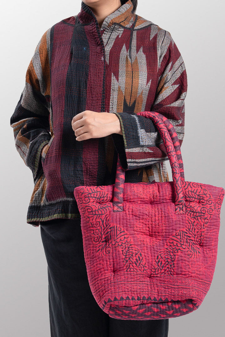 Quilted Overdye Cotton Kantha Bucket Tote - mm-oq5867-cred009a -