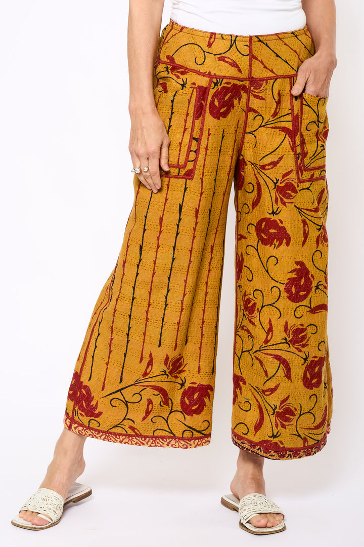 VINTAGE COTTON KANTHA MID RISE WIDE LEG PANTS - cv2665-0006m -