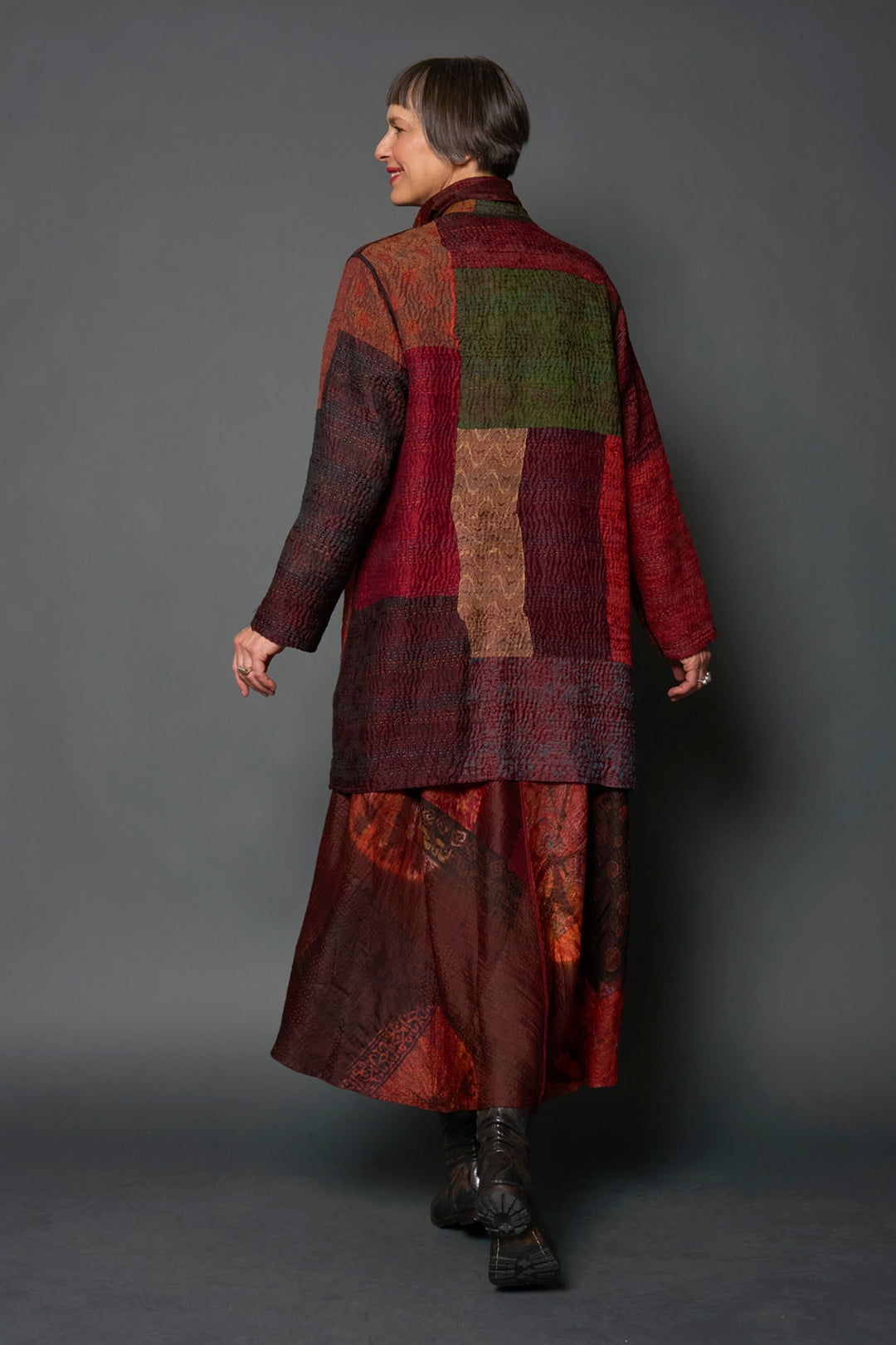JACQUARD SILK KANTHA KAFTAN JACKET MEDIUM - js4089-brn -