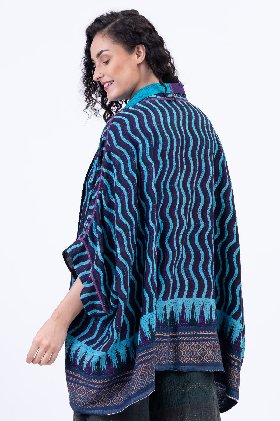 DESERT WAVES KANTHA DOUBLE COLLAR PONCHO - dw2323-blu -