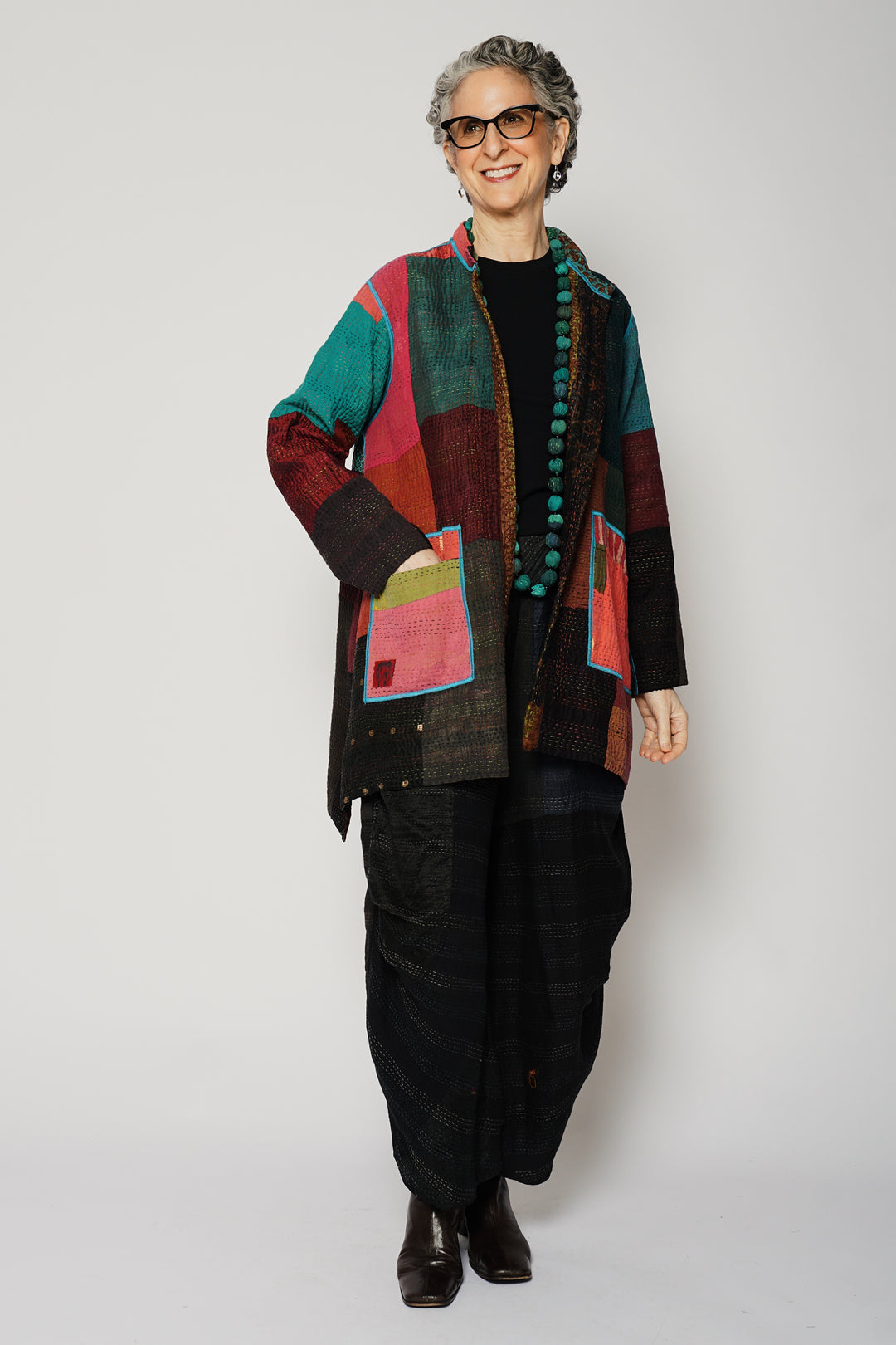 BAGH PRINT KANTHA KAFTAN JACKET MEDIUM - bg4089-brn -