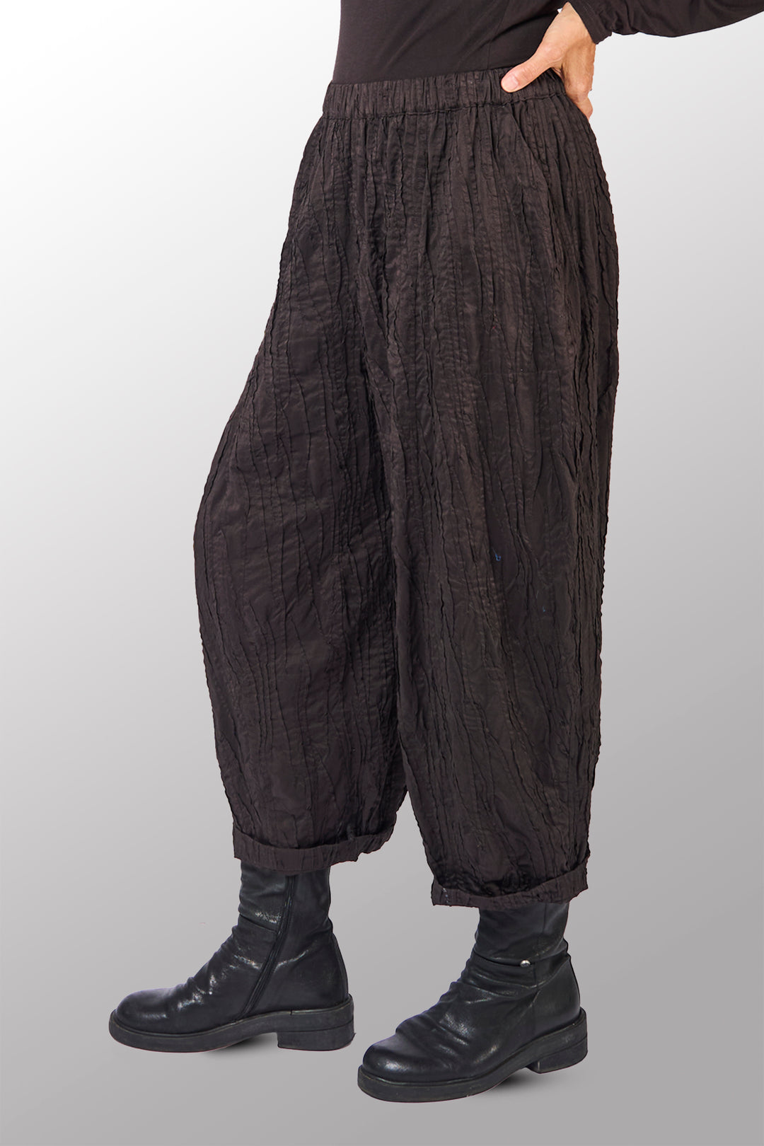 DYED COTTON SILK HEAVY VOILE RANDOM TUCK BARREL PANTS - dr1641-brn -