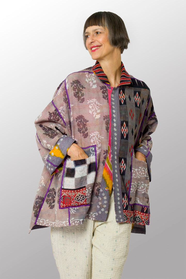 VINTAGE COTTON KANTHA OVERSIZED MINI COAT - cv2332-0007a -