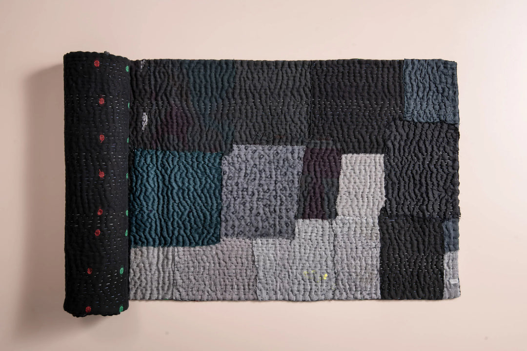 Landscape Fray Patch Vintage Kantha Runner -Black