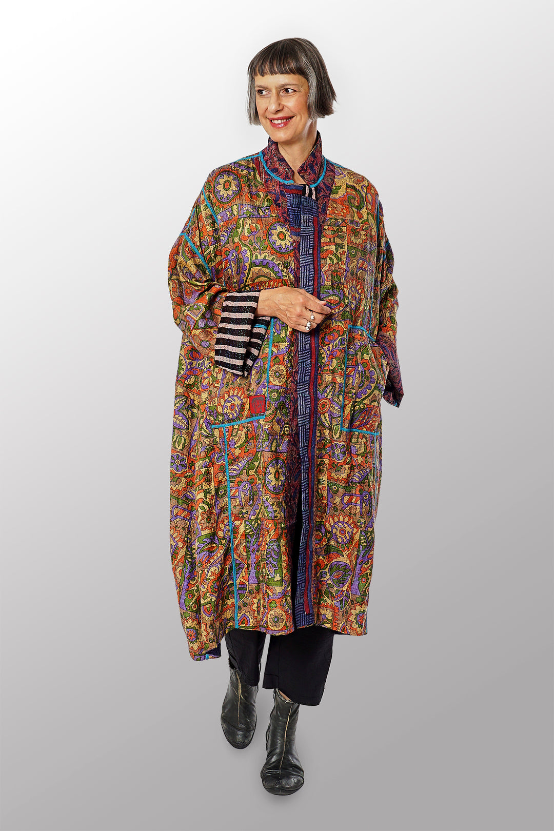 VINTAGE SILK GEORGETTE KANTHA NEW OVERSIZED COAT - sg2342-0003a -