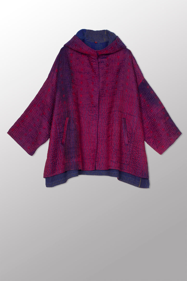 JACQUARD WITH WOVEN KANTHA HOODIE PONCHO - jq5064-0001a -