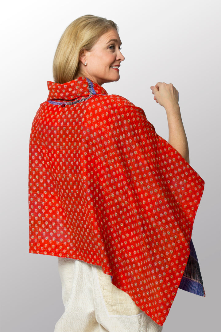 VINTAGE COTTON KANTHA COWL NECK LONG CAPE - cv2842-0005a -