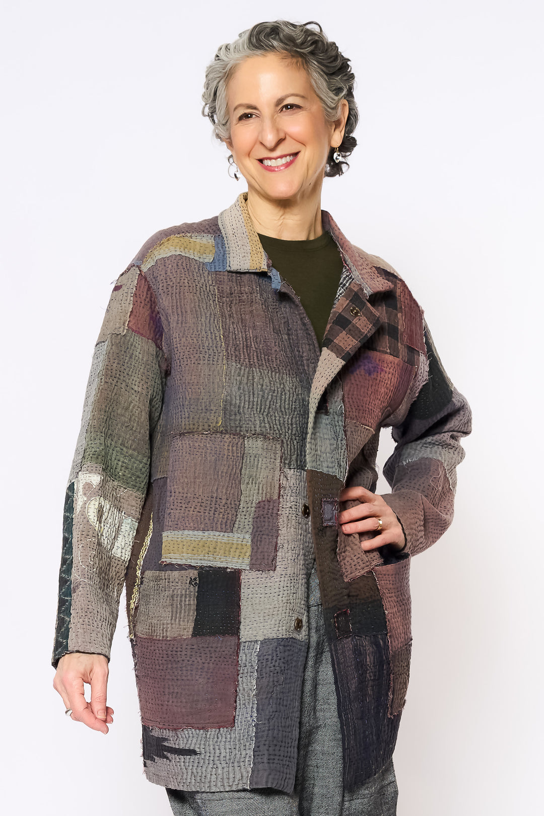 WOVEN IKAT & FRAYED PATCH KANTHA MEN'S JKT - wk4041-gry -