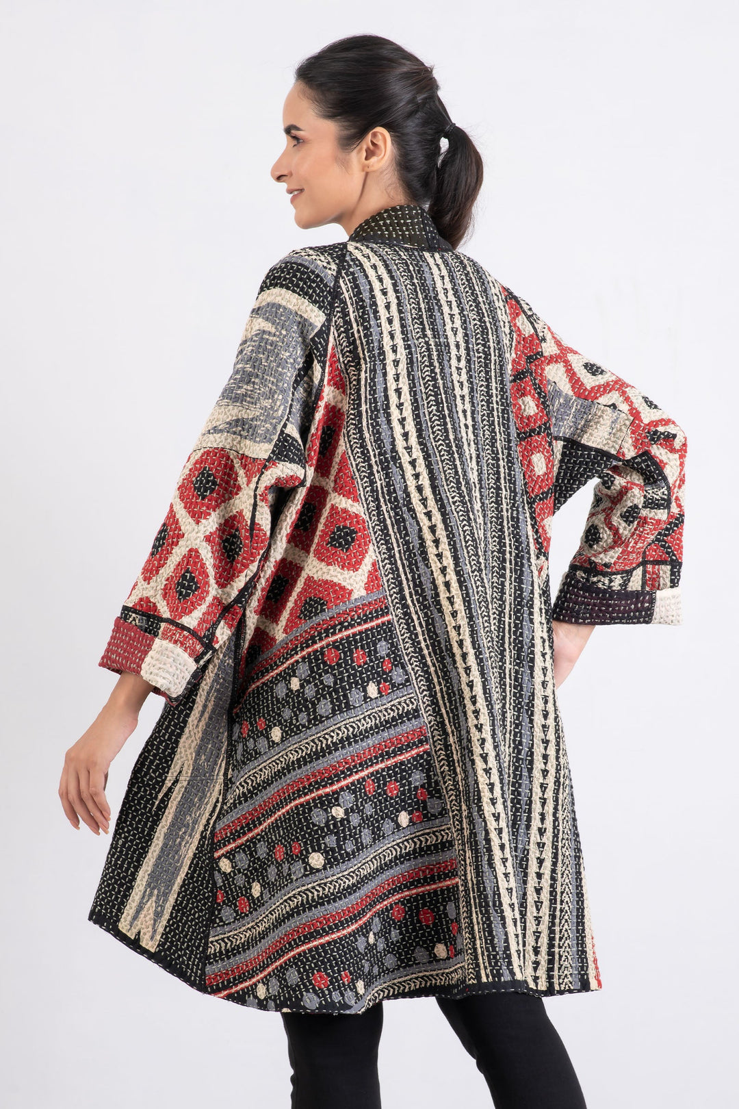 WAFFLE IKAT KANTHA KIMONO LONG JACKET - wi3005-red -