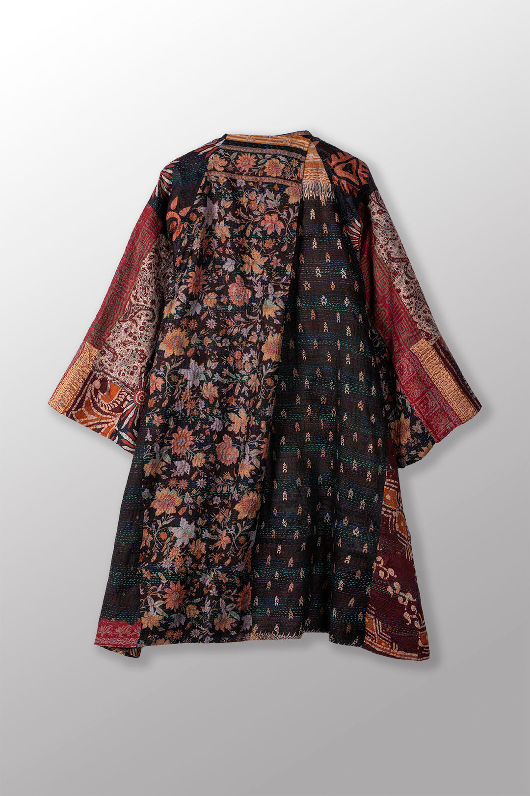 VINTAGE SILK KANTHA KIMONO DUSTER - sv2317-0012a -