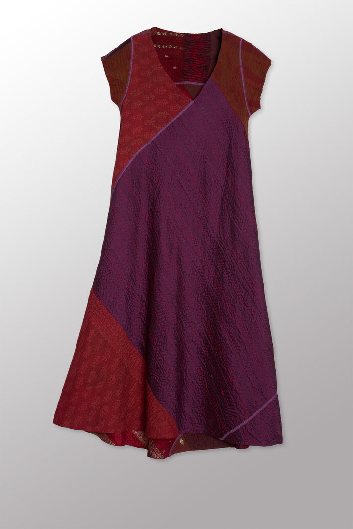 JEWEL WOVEN WITH VERTICAL PATCH KANTHA CAP SLV. SEMI FLARE DRESS - jv4452-red -