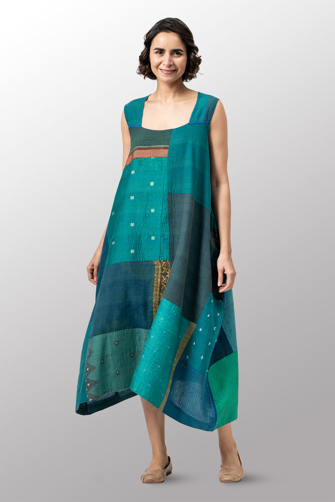 COTTON SILK SW PATCH OMBRE KANTHA TENT DRESS - ws2413-tel - WS2413 / TEL / XL COTTON SILK SW PATCH OMBRE KANTHA TENT DRESS - ws2413-tel - WS2413 / TEL / XL