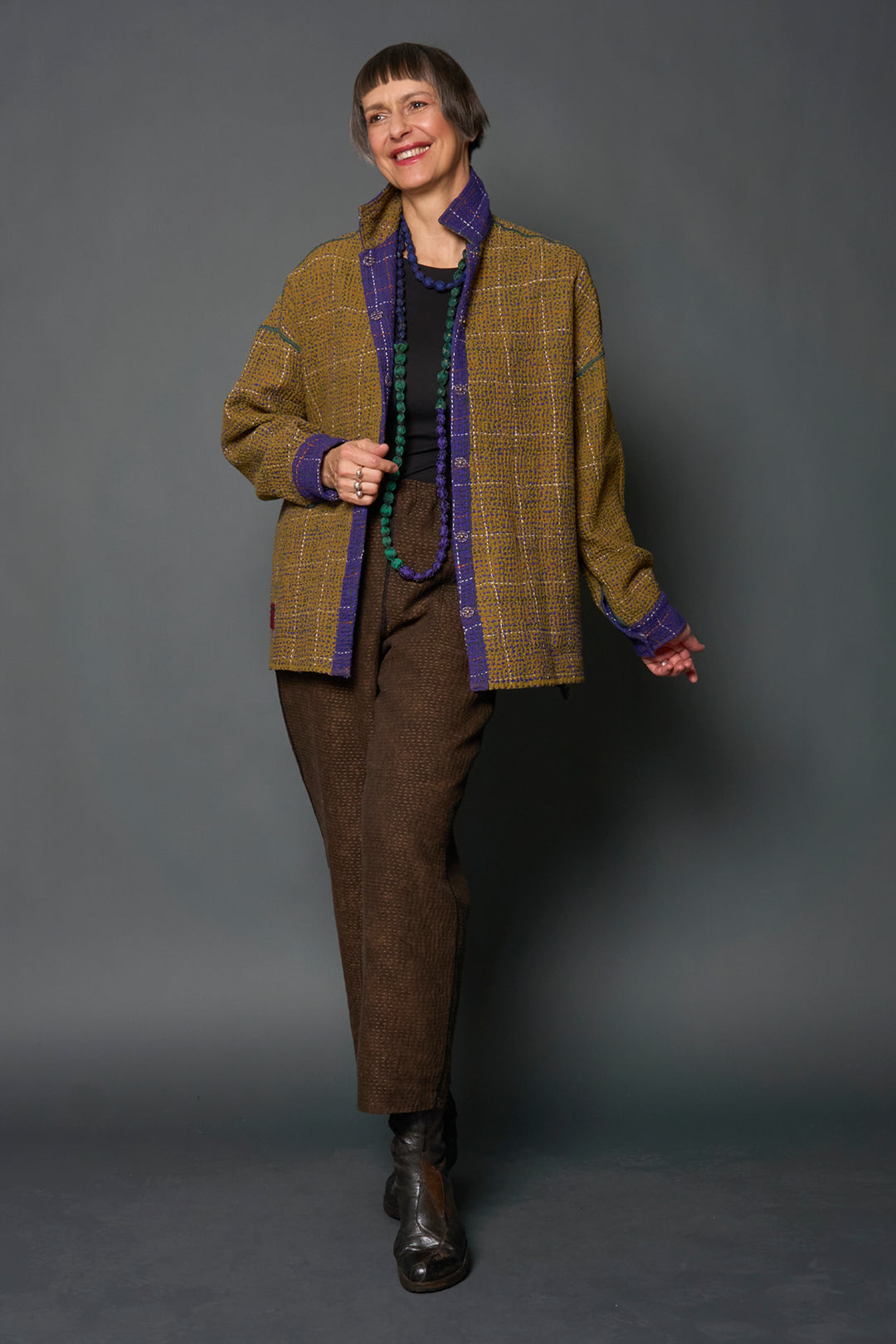 WOOL WAFFLE KANTHA RELAXED SHIRT JACKET - ww3j105-prp -