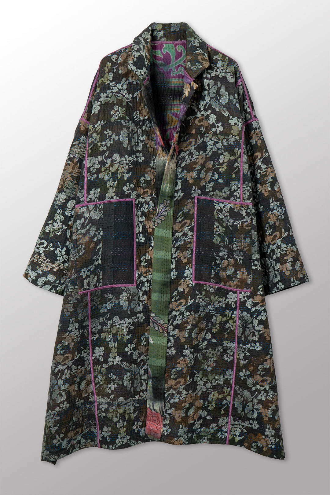 VINTAGE COTTON GREY CLAMP TIE DYE KANTHA  NEW OVERSIZED COAT - su4342-0001a -