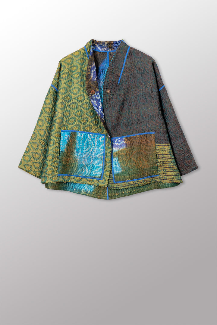 VINTAGE PRINTED SILK CLAMP DYE WITH JACQUARD KANTHA STAND COLLAR CROPPED JACKET - sk4034-0001a -