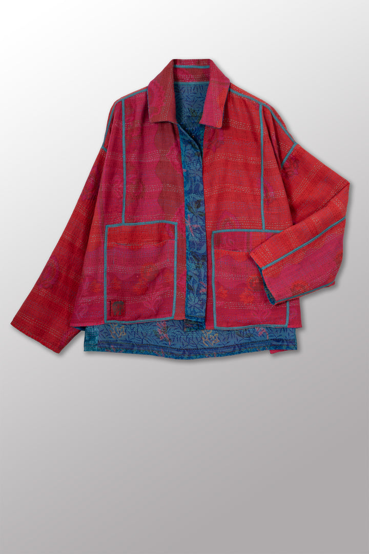 VINTAGE SILK GEORGETTE COTTON KANTHA CROPPED SHIRT JACKET - gc2075-0001a -