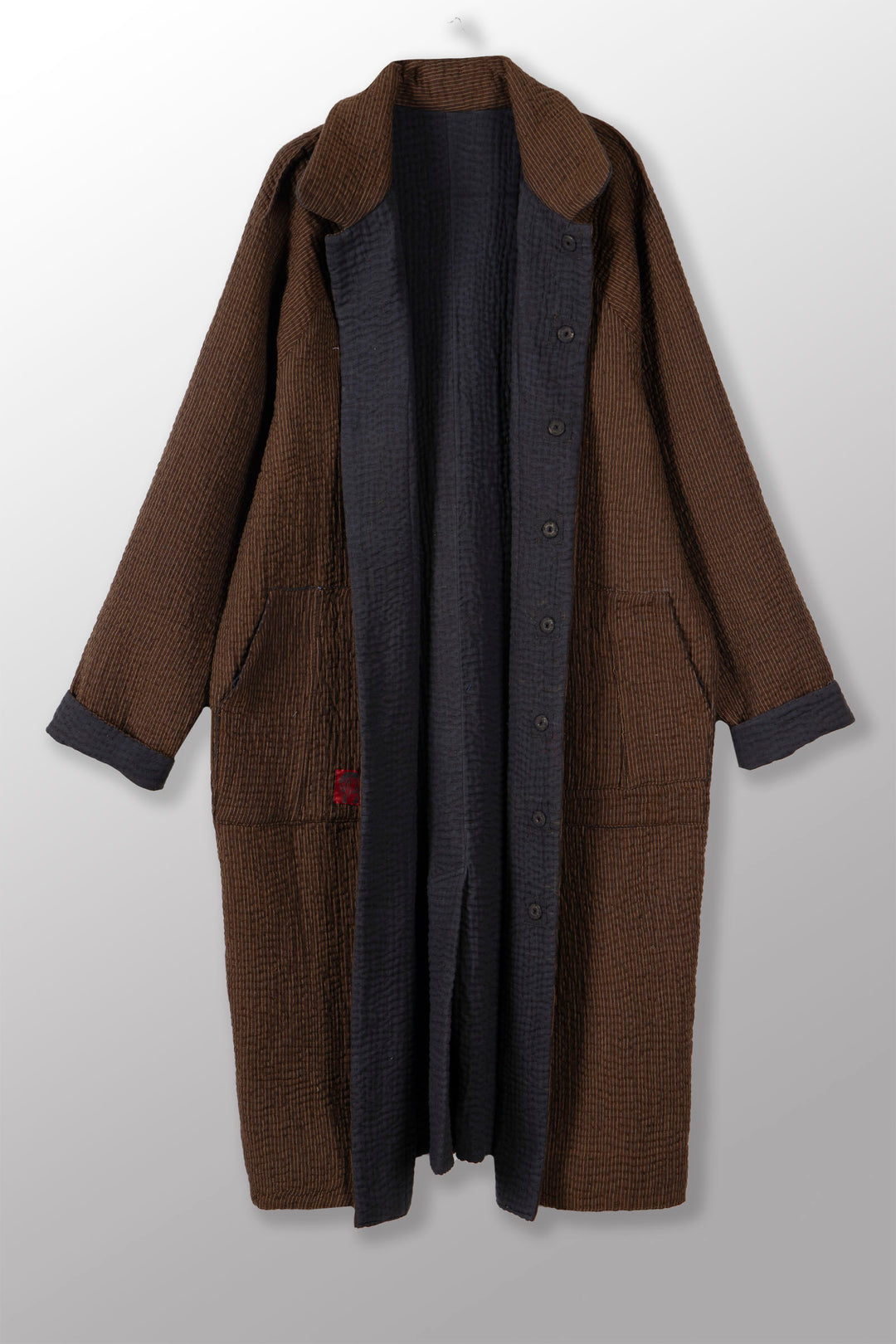 QUILTED VINTAGE COTTON WITH FLANNEL KANTHA RAGLAN SLEEVE COAT - fq5337-blk -