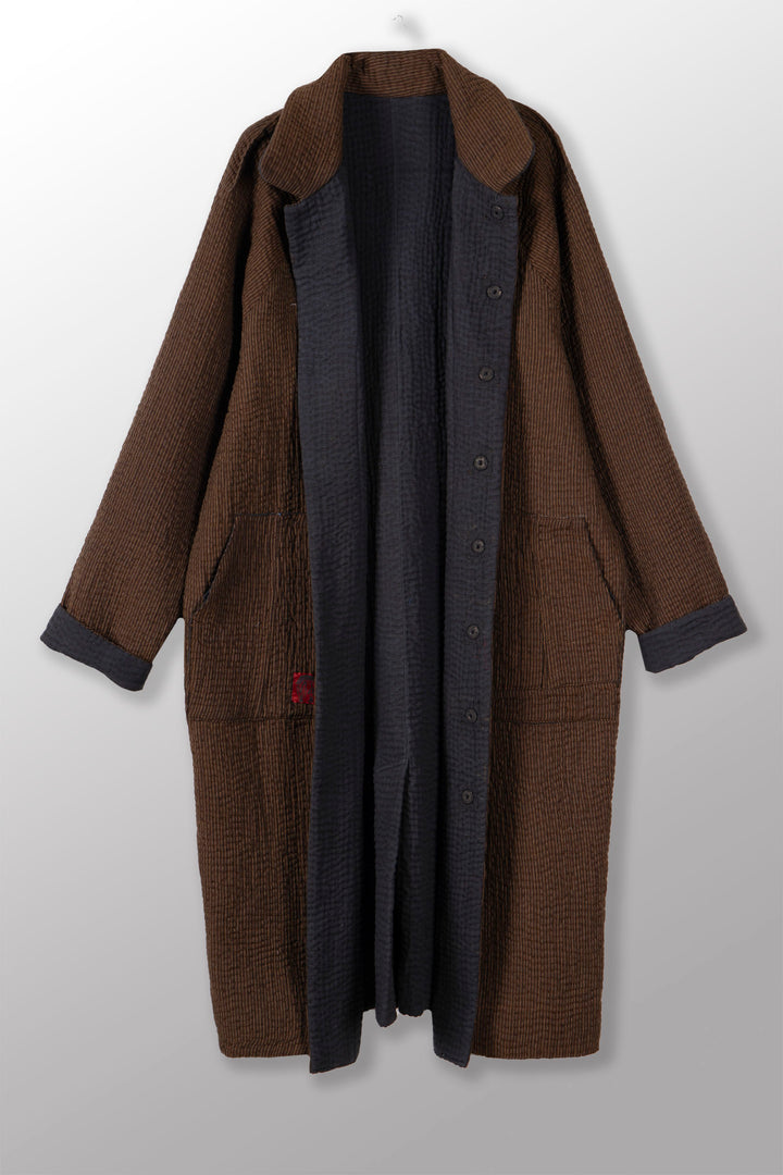 QUILTED VINTAGE COTTON WITH FLANNEL KANTHA RAGLAN SLEEVE COAT - fq5337-blk -