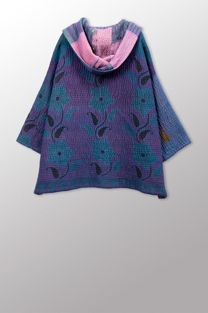 QUILTED OVERDYE COTTON KANTHA HOODIE PONCHO - oq5064-cblu007a -