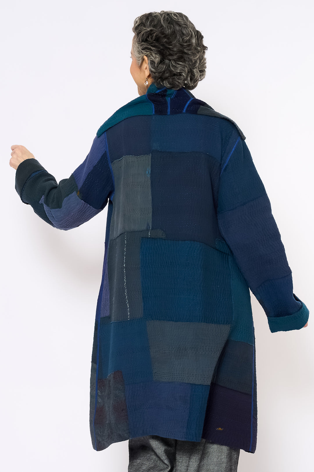 FRAYED PATCH KANTHA POCKET MEDIUM COAT - fi4316-nvy -