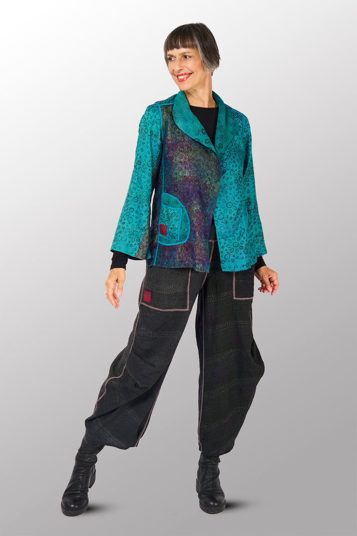 GEORGETTE JACQUARD VINTAGE SILK PATCH KANTHA SHORT JACKET - gj2007-0002m -