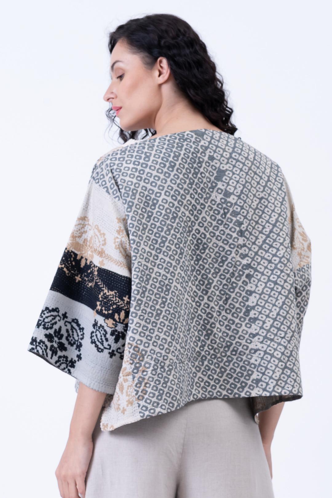 KIMONO COTTON KANTHA 3/4 SLV. CROP TOP MIO - kc2538-gry -