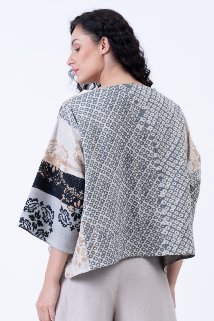 KIMONO COTTON KANTHA 3/4 SLV. CROP TOP MIO - kc2538-gry -