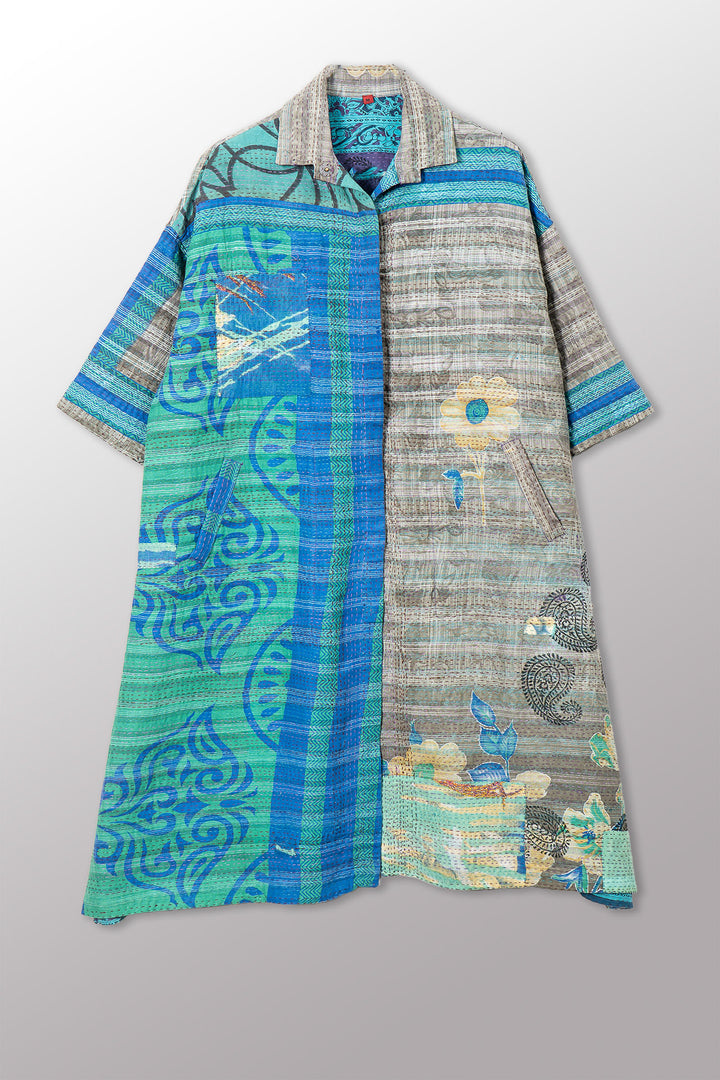 COTTON OVERDYE KANTHA 3/4 SLV. SHIRT DRESS - ov2459-cblu001m -