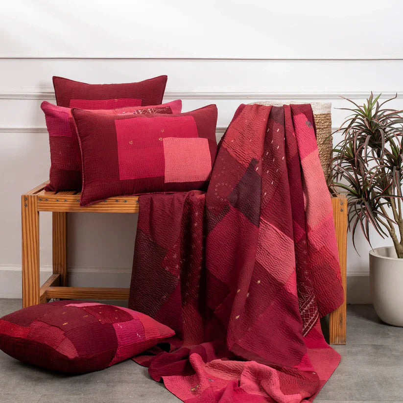 Landscape Fray Patch Handmade Vintage Kantha Quilts -Red