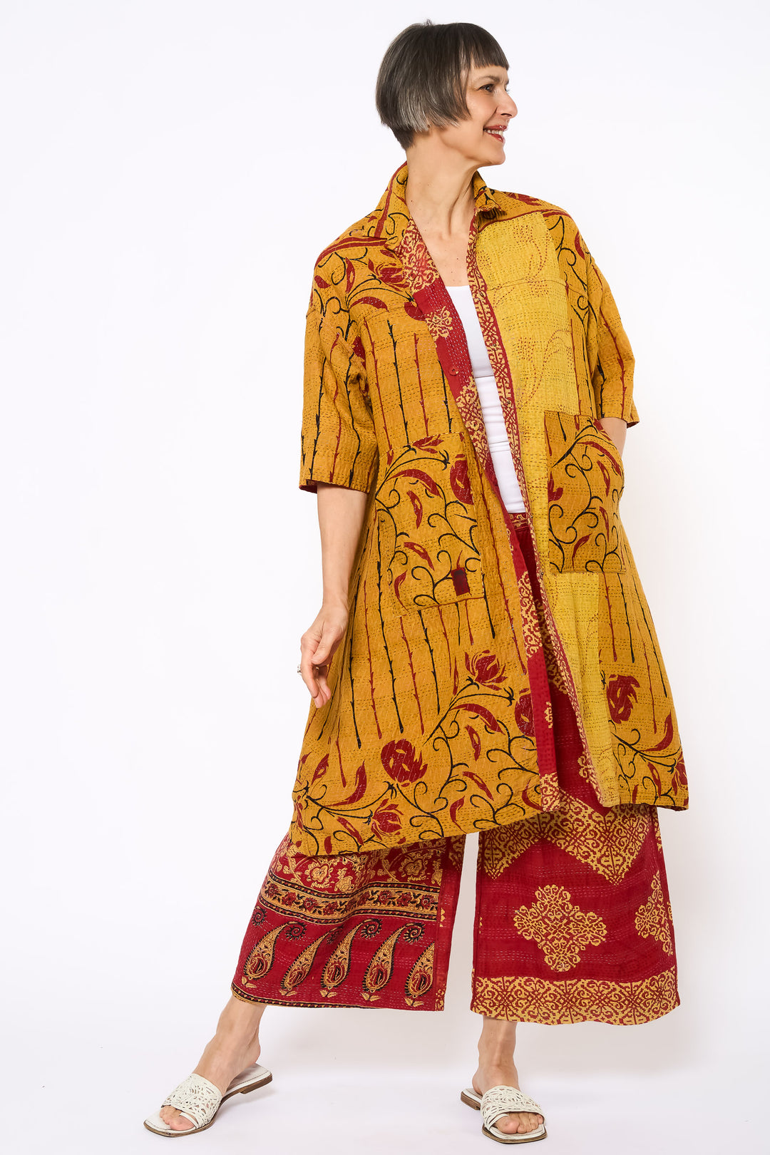 VINTAGE COTTON KANTHA 3/4 SLV. SHIRT DRESS - cv2459-0003s -