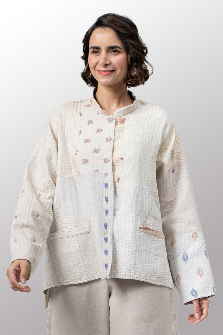 BBK PATCH KANTHA KAFTAN JACKET SHORT - bl-bbp4088-ivy -