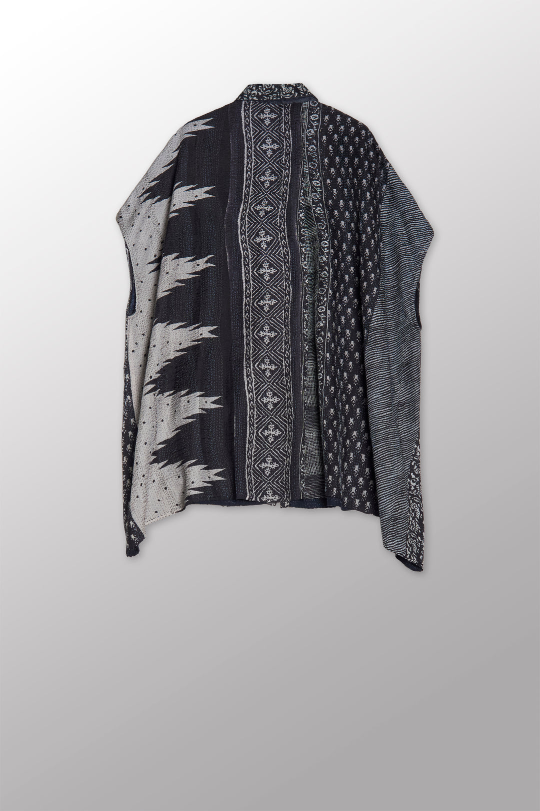 SILK COTTON OMBRE PRINT KANTHA SHIRT PONCHO - os2545-blk -