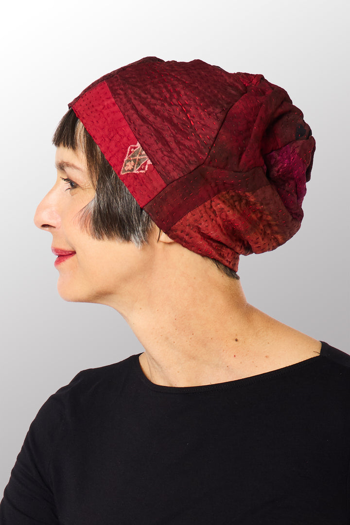 GEORGETTE JACQUARD VINTAGE SILK PATCH KANTHA PATCHWORK HAT - gj4880-red -