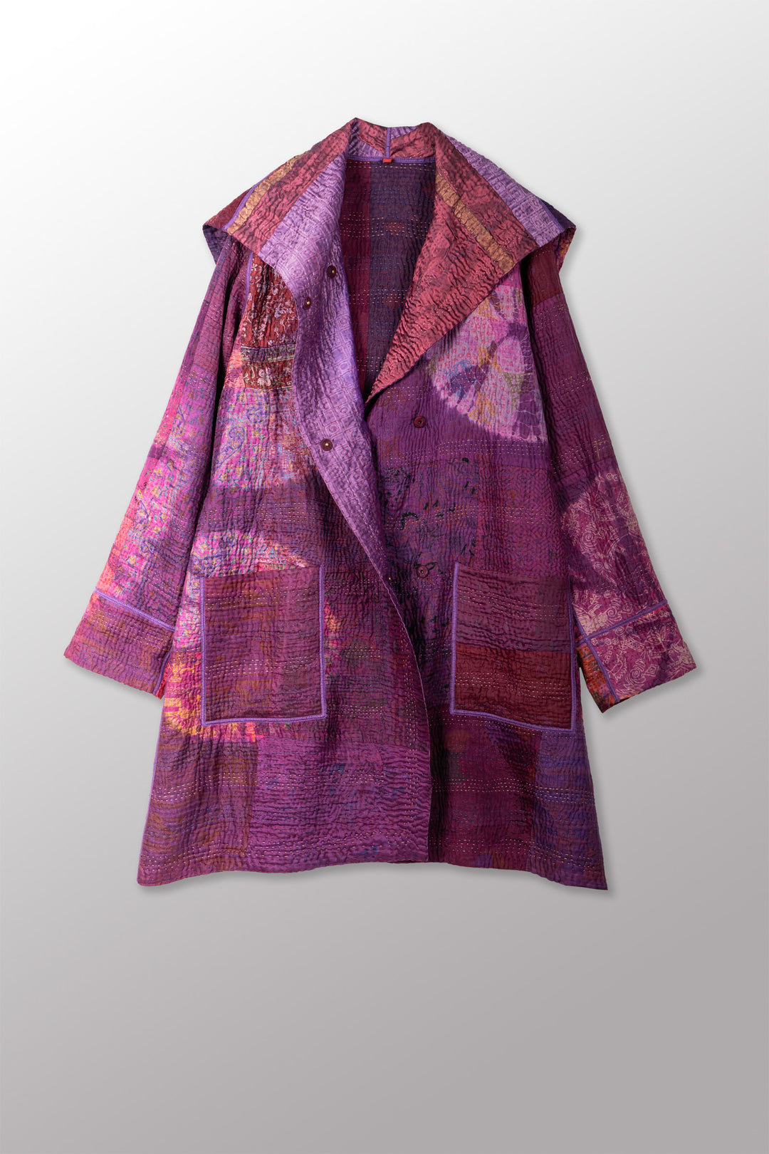TIE DYE CIRCLE SHIBORI KANTHA POCKET MEDIUM COAT - td4316-prp -