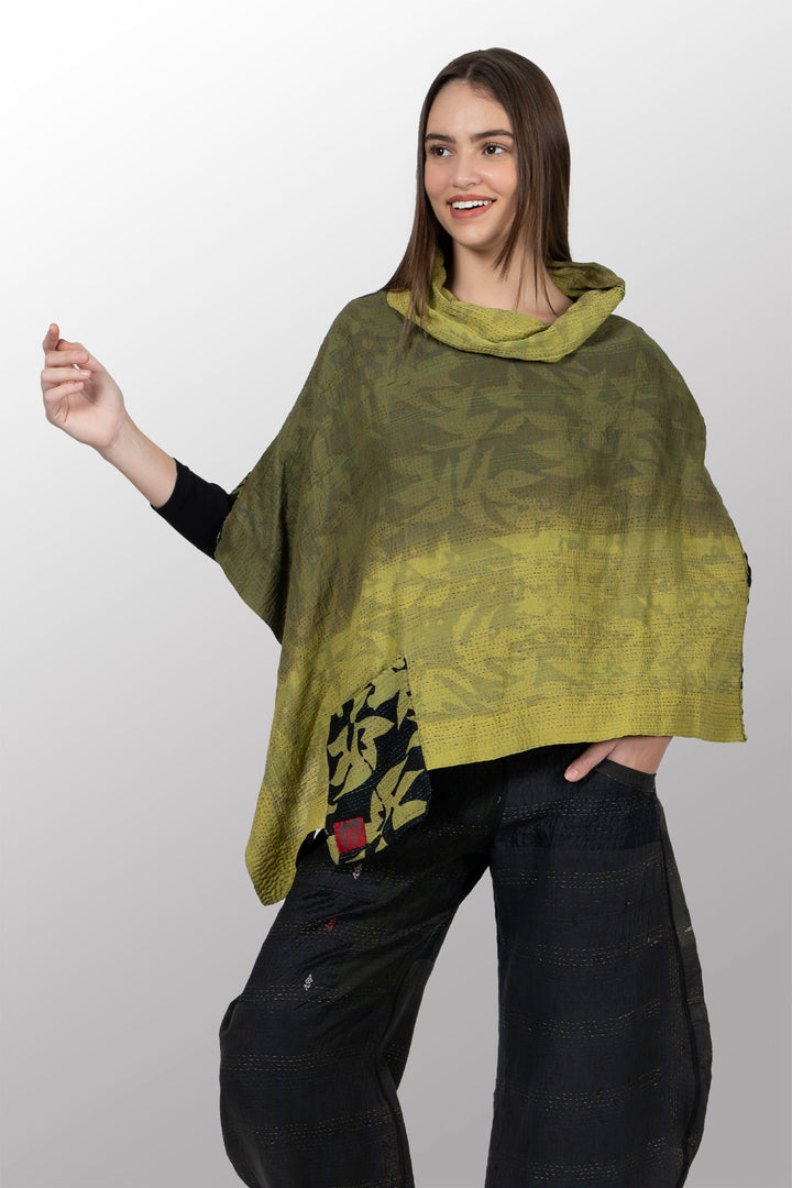 MONOTONE TWILIGHT PRINT KANTHA COWL NECK LONG CAPE - tp2842-cha -