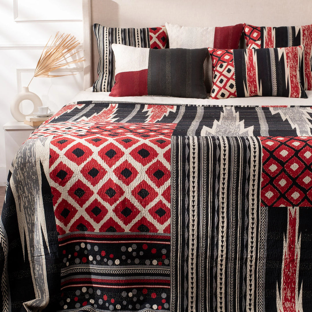 Monotone Ikat Handmade Vintage Kantha Quilts & Bed Cover -Red