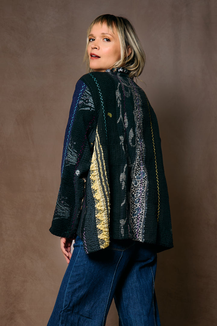 JEWEL WOVEN WITH VERTICAL PATCH KANTHA KAFTAN JACKET SHORT - jv4088-blk -