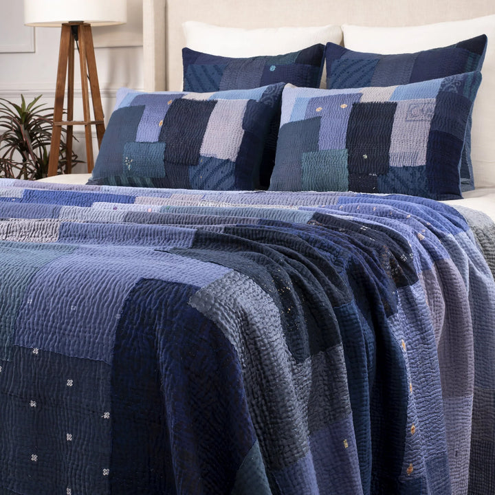 Landscape Fray Patch Vintage Kantha Quilts -Navy