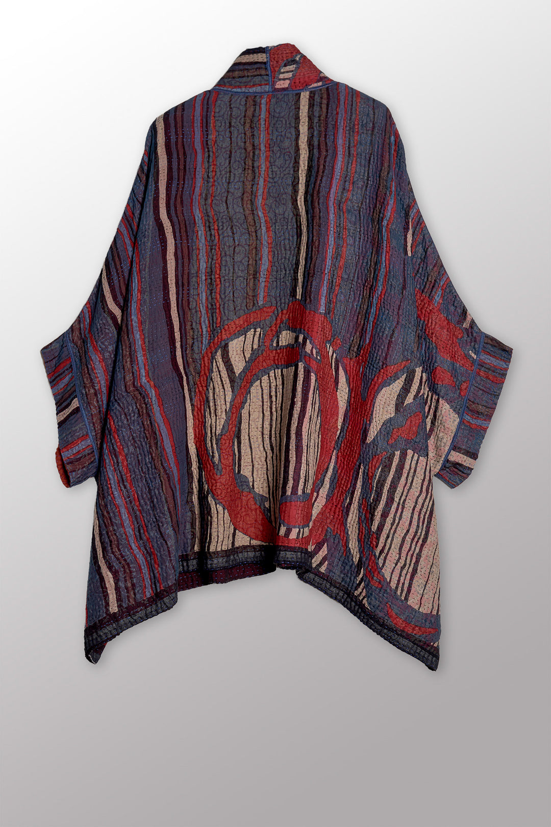 STRIPE AND BENDS KANTHA DOUBLE COLLAR PONCHO - sb4323-red -