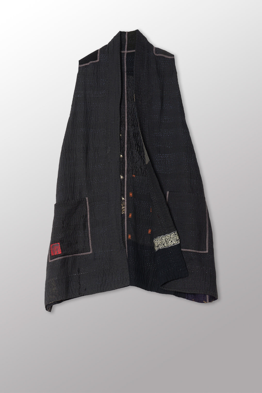 COTTON SILK SW PATCH KANTHA KIMONO VEST - ws4247-blk -