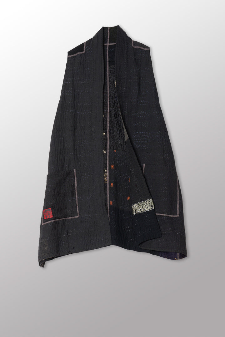 COTTON SILK SW PATCH KANTHA KIMONO VEST - ws4247-blk -