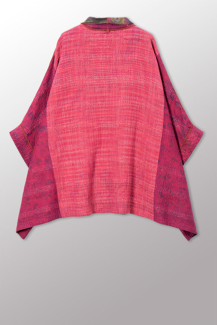 VINTAGE COTTON GREY CLAMP TIE DYE KANTHA DOUBLE COLLAR PONCHO - su4323-0002a -