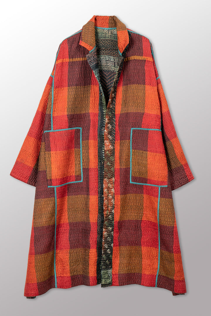 VINTAGE PRINTED SILK CLAMP DYE WITH JACQUARD KANTHA NEW OVERSIZED COAT - sk4342-0002a -