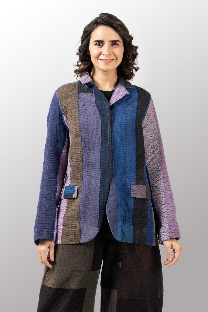 COTTON STRIPE PATCH KANTHA BASIC JACKET - cs4052-prp -